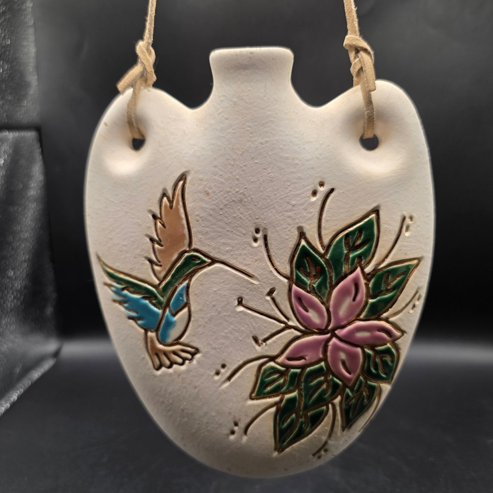Vintage Signed Ceramic Hummingbird Wall Pocket Vase Hanging Floral Art Pottery